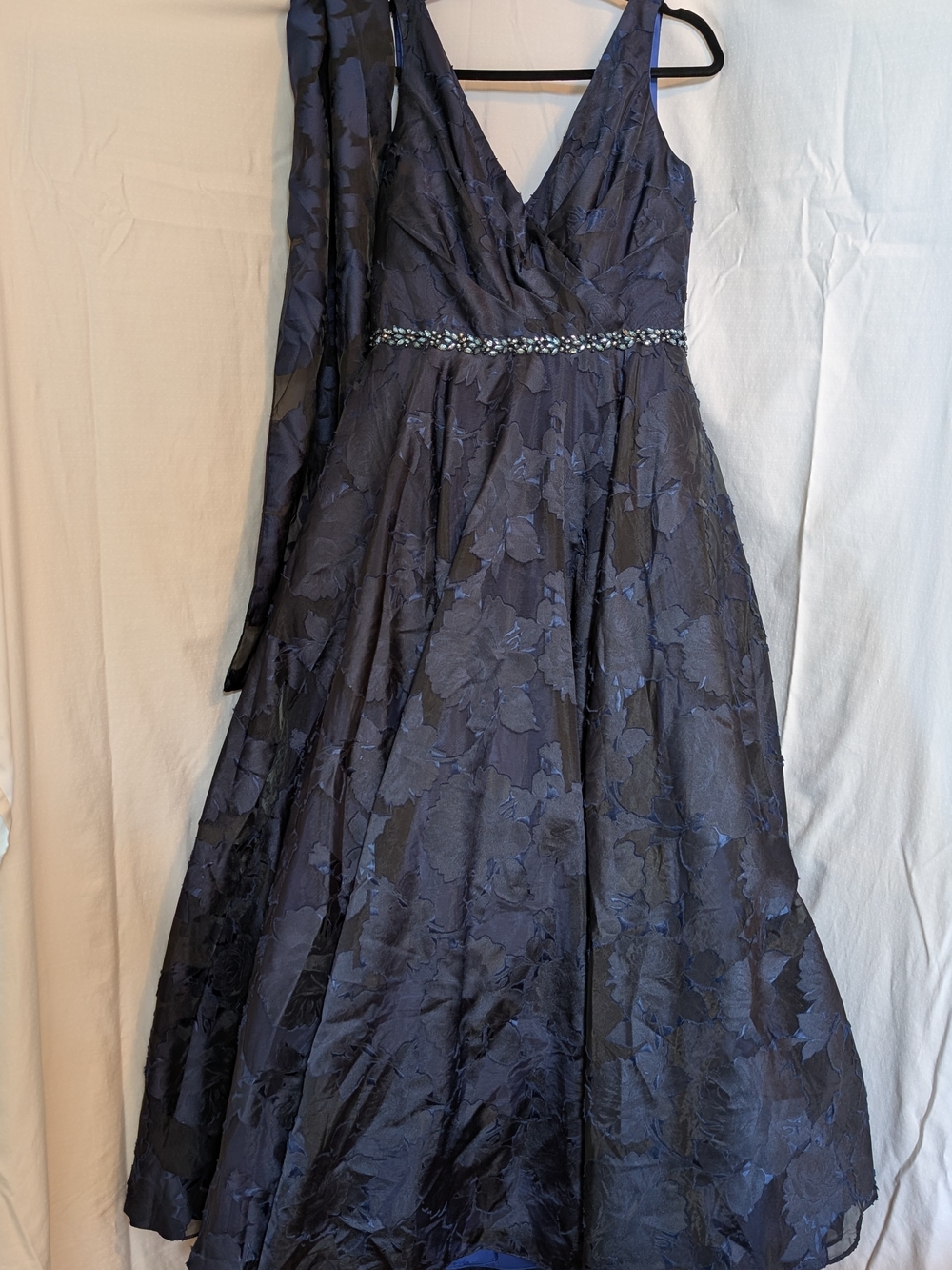 Montage by Mon Cheri Navy Floral V-Neck A-Line Dress with Beaded Waist